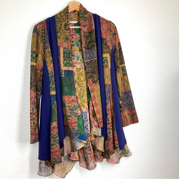 Soft Surroundings Izmir topper Cardigan M Open front Cascade Waterfall Patchwork - Picture 3 of 16